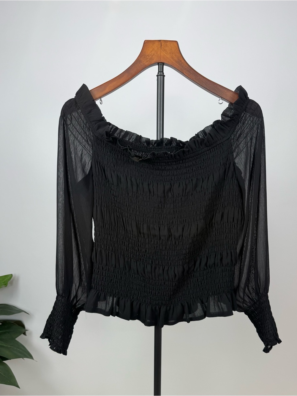 Express Black Smocked Off Shoulder Sheer Sleeve Blouse Top L - Picture 2 of 15